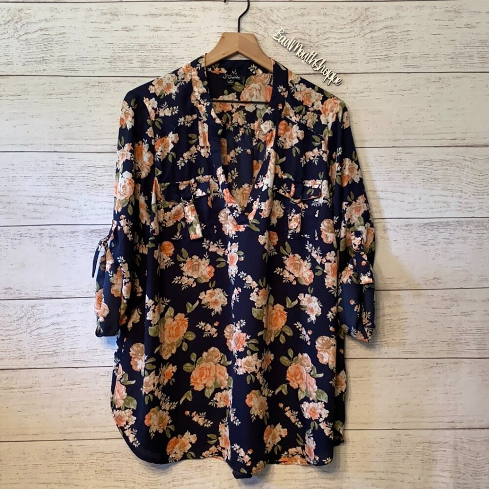 J for Justify Navy Blue and Vintage Floral Blouse Business Top Shirt Plus 1X